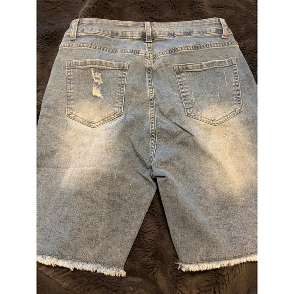 Womens Distressed Denim Bermuda Shorts Light Wash Frayed Hem - Picture 3 of 3